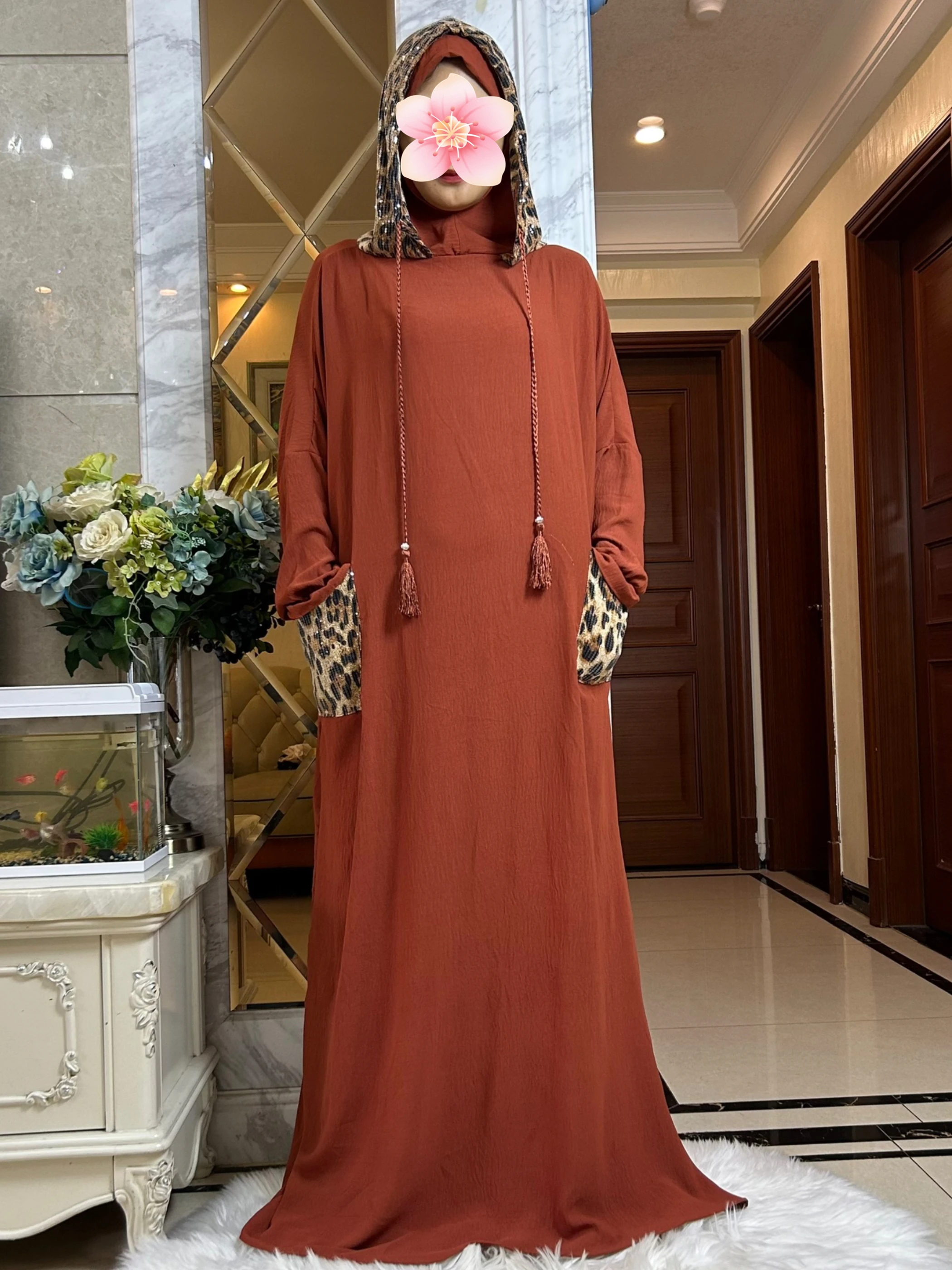2025 ผู้หญิงผ้าฝ้าย Abaya กับกระโปรงเสือดาวพิมพ์กระเป๋า Ramadan สวดมนต์เสื้อผ้าลําลองแขนยาวอาหรับ Oriental Robe Eid