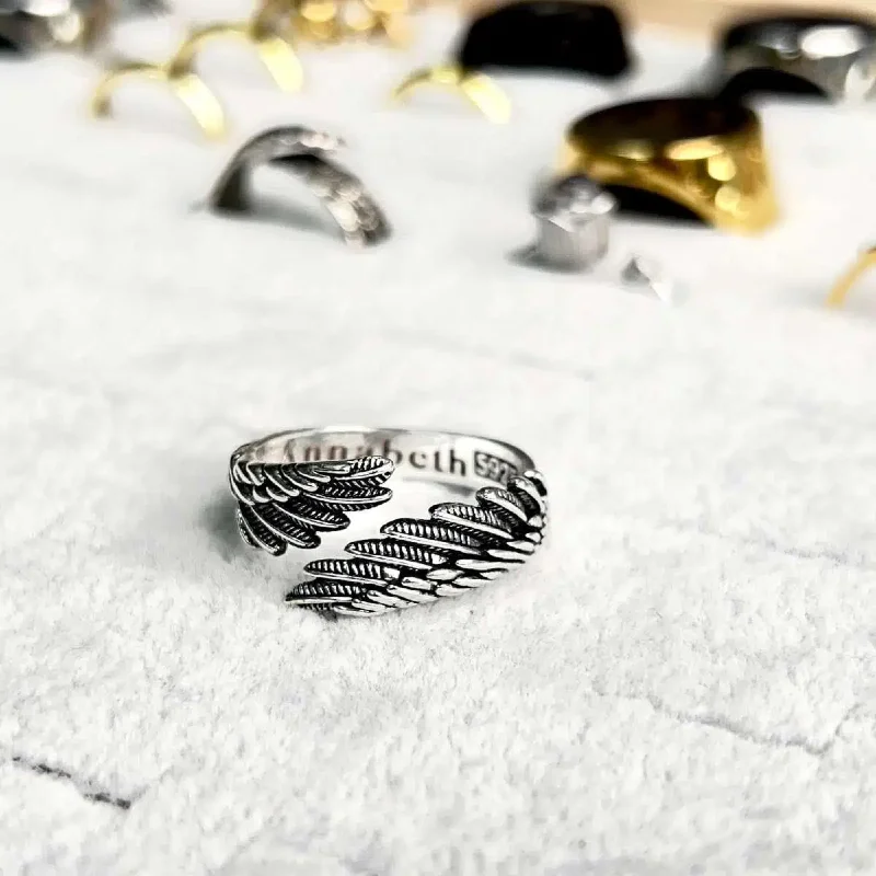 

Custom Name Engraved Oxidized Angel Wing Ring, Retro Feather Texture