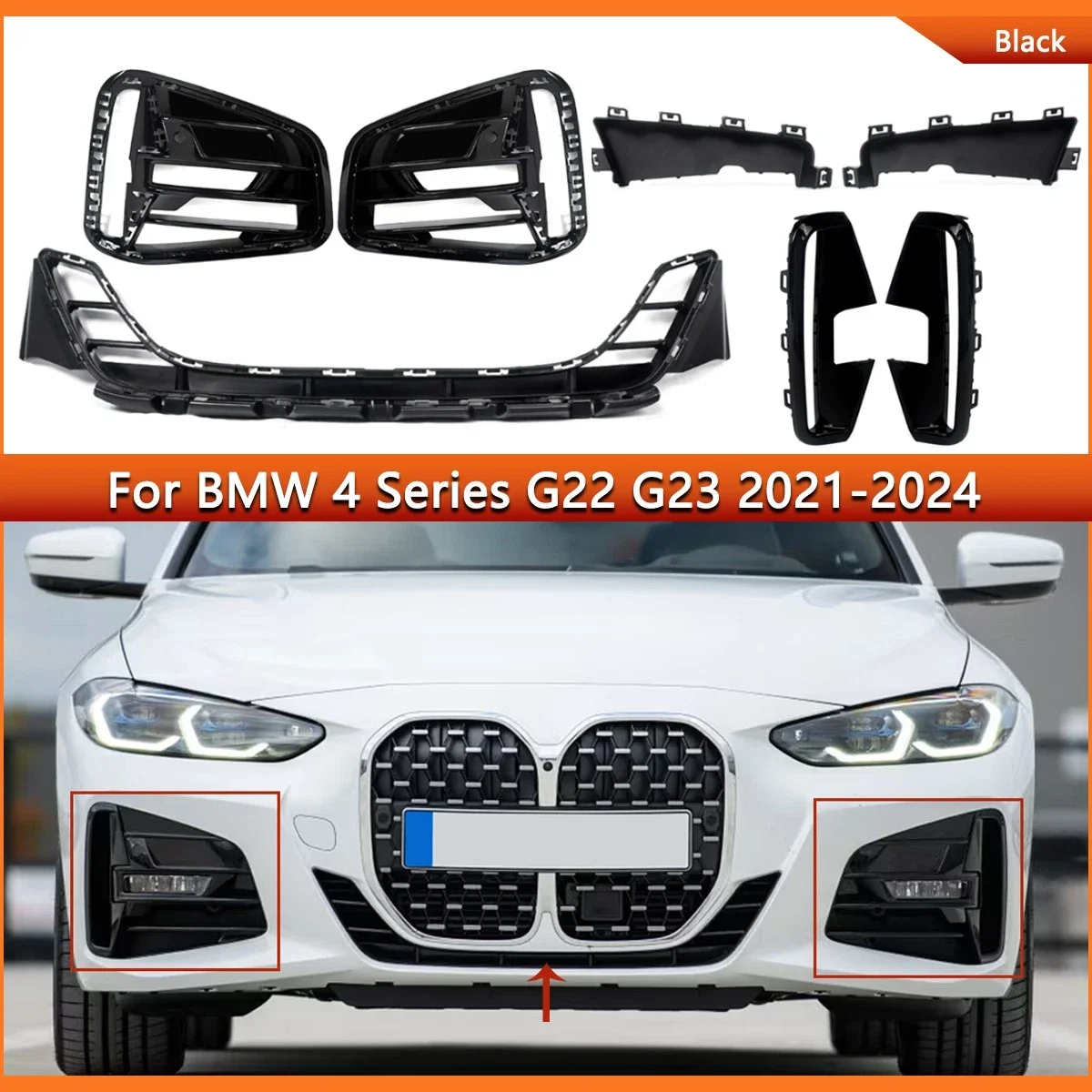 

Front Bumper Lower Grille & Fog Light Lamp Grille Covers for BMW 4 Series G22 G23 M Sport 2021 2022 2023 2024 430i M440i