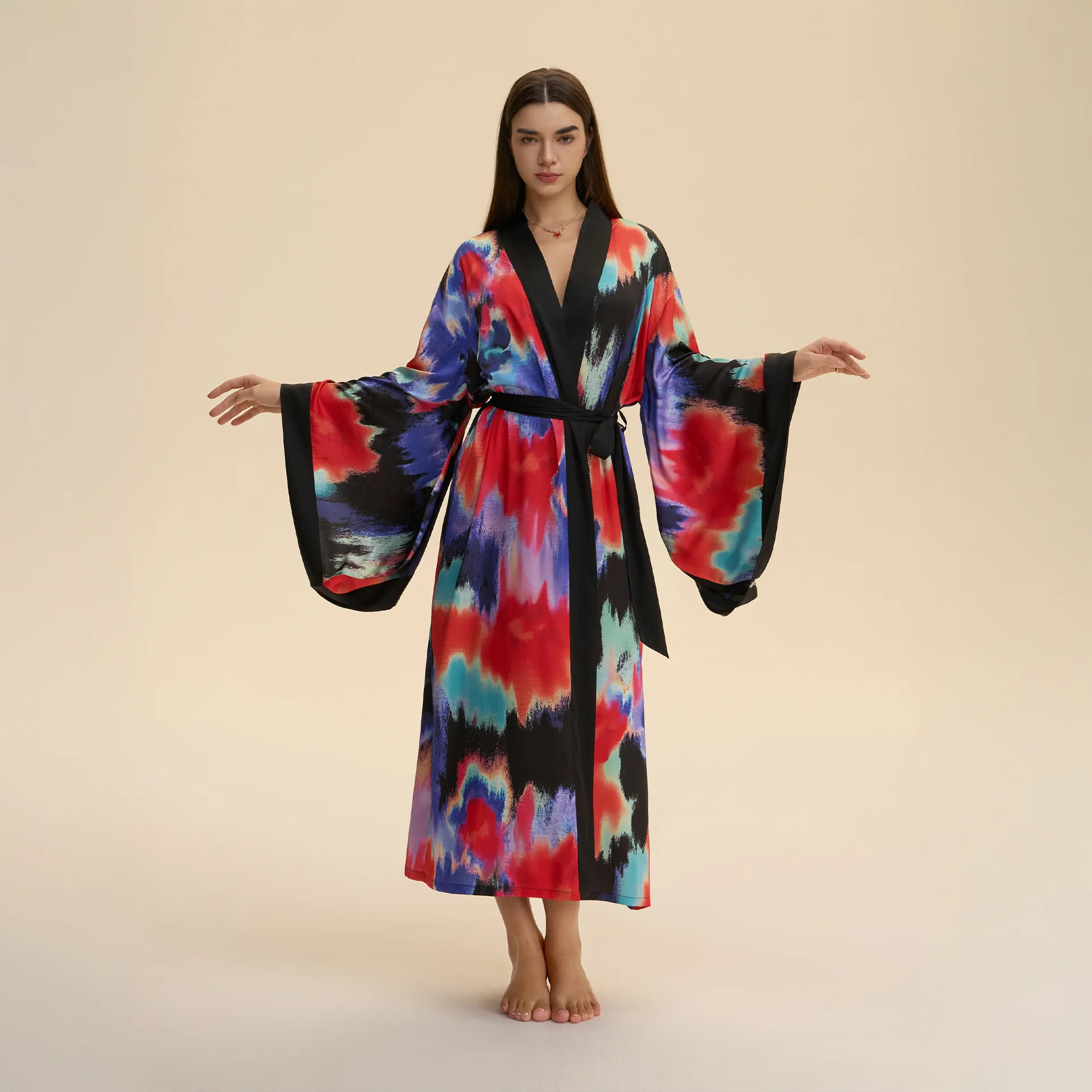 

Print Flower Female Long Robe Kimono Flare Sleeve Bathrobe Sexy Sleepwear Nightgown Silky Satin Nightwear Lounge Wear