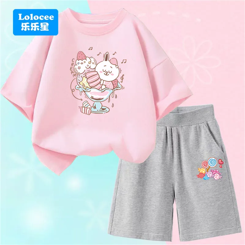 Sommer Kleidung Set Zwei-stück Kaninchen Eis Gedruckt Modische Mädchen T-shirt + schwarz/rosa Shorts Kinder nette Outfit BQL1