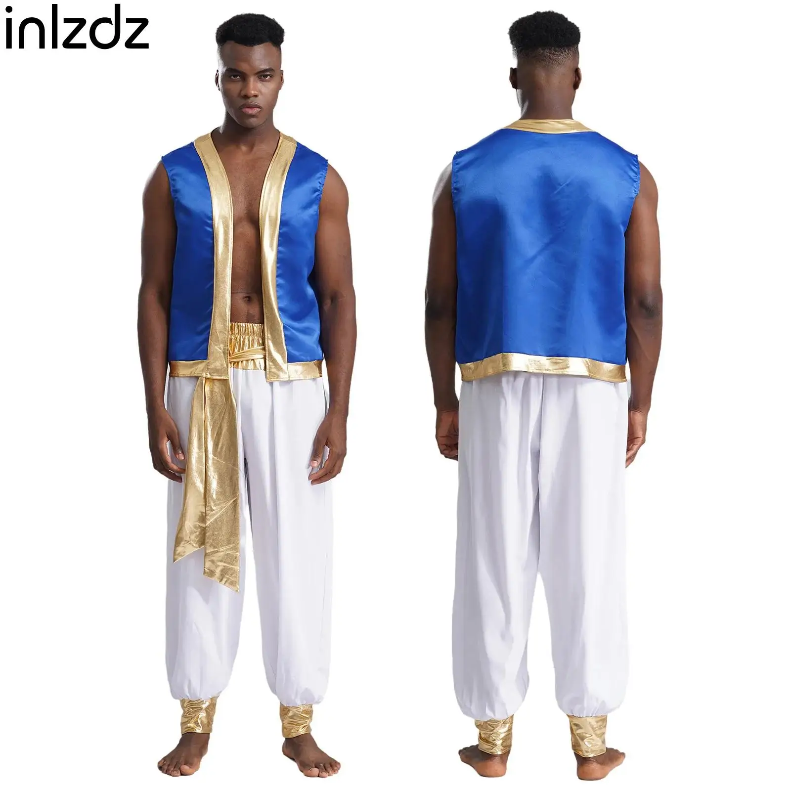 

Mens Arabian Prince Role Play Costume Metallic Shiny Trim Vest+Long Pant 2 Piece for Carnivals Nightclub Halloween Cosplay Party