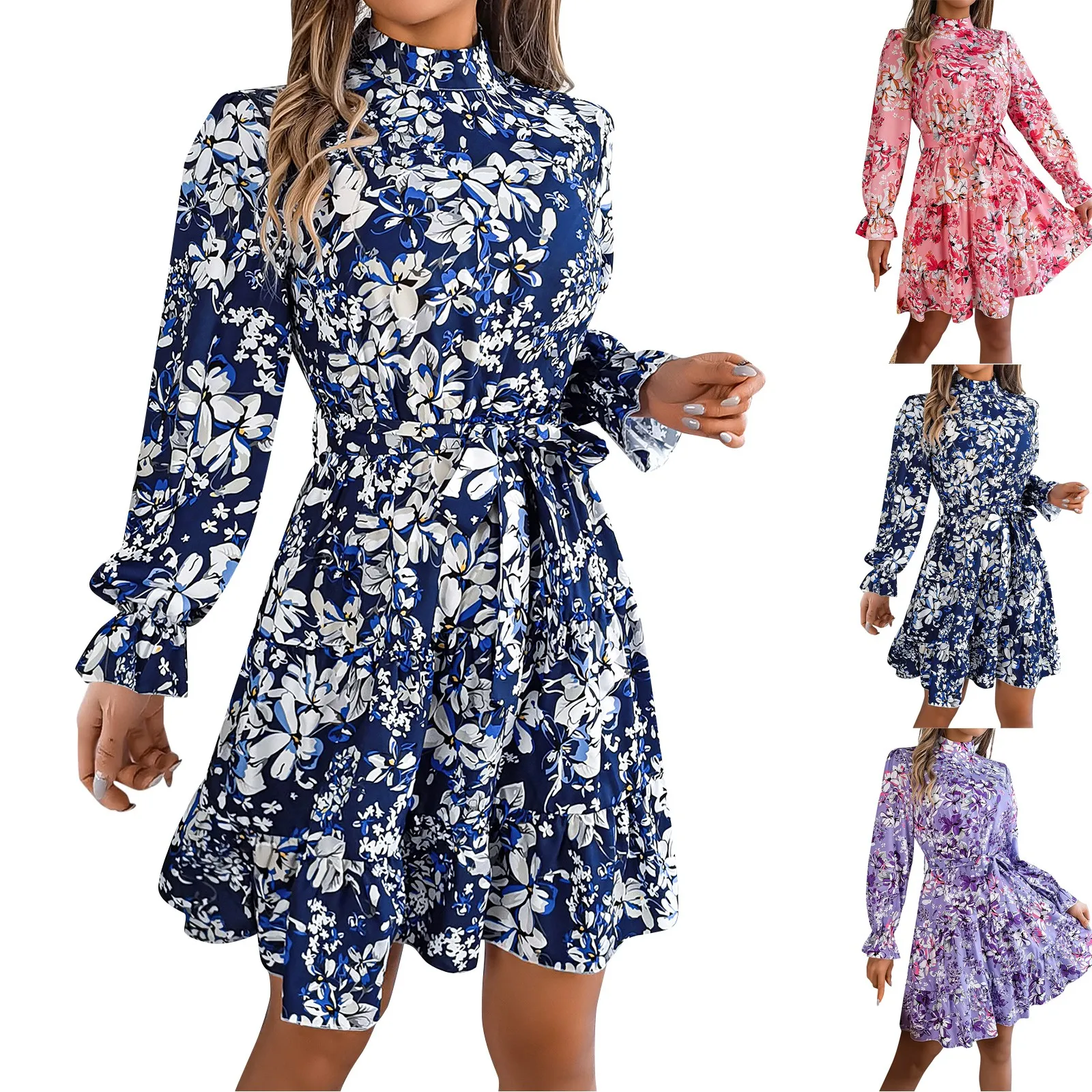 Women'S Casual Elegant Dresses Long Sleeve Small Stand Collar Floral Waisted Ruffle A-Line Dresses Autumn New Regular Dress
