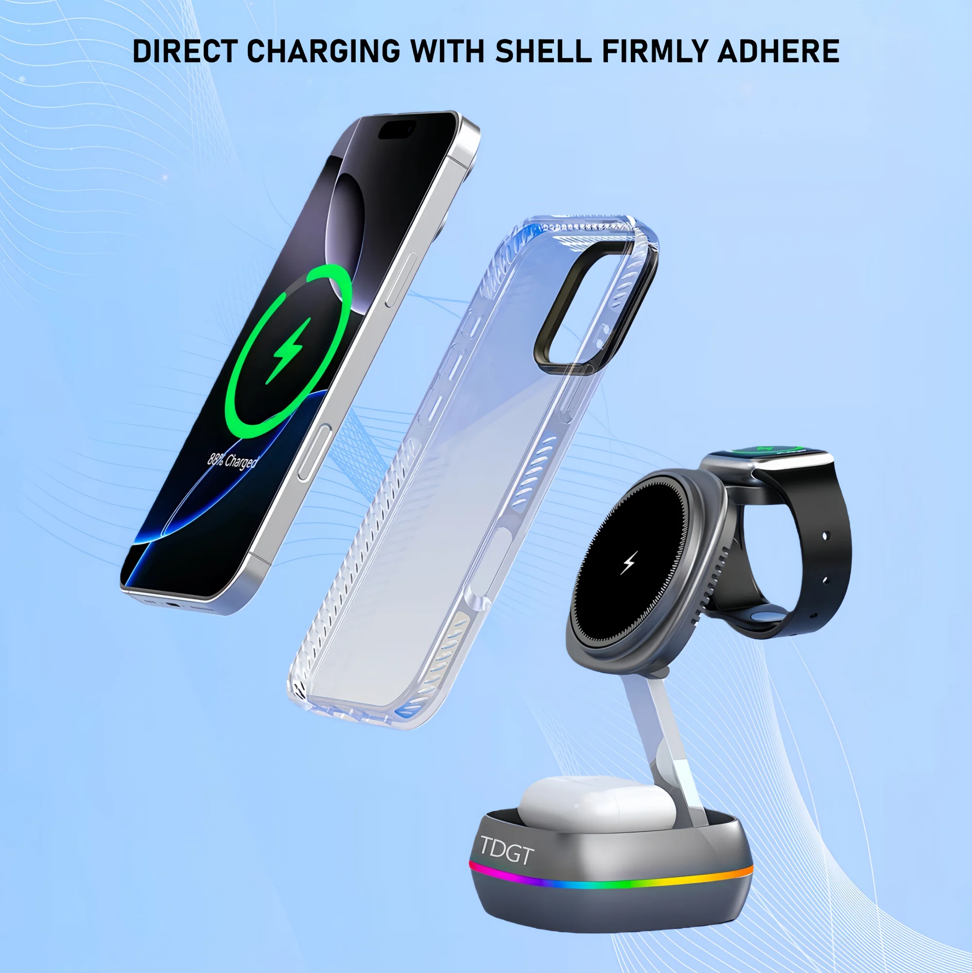 TDGT 3 في 1 شاحن لاسلكي بزر لمس مغناطيسي لساعة الهاتف Airpods قاعدة شحن سريعة