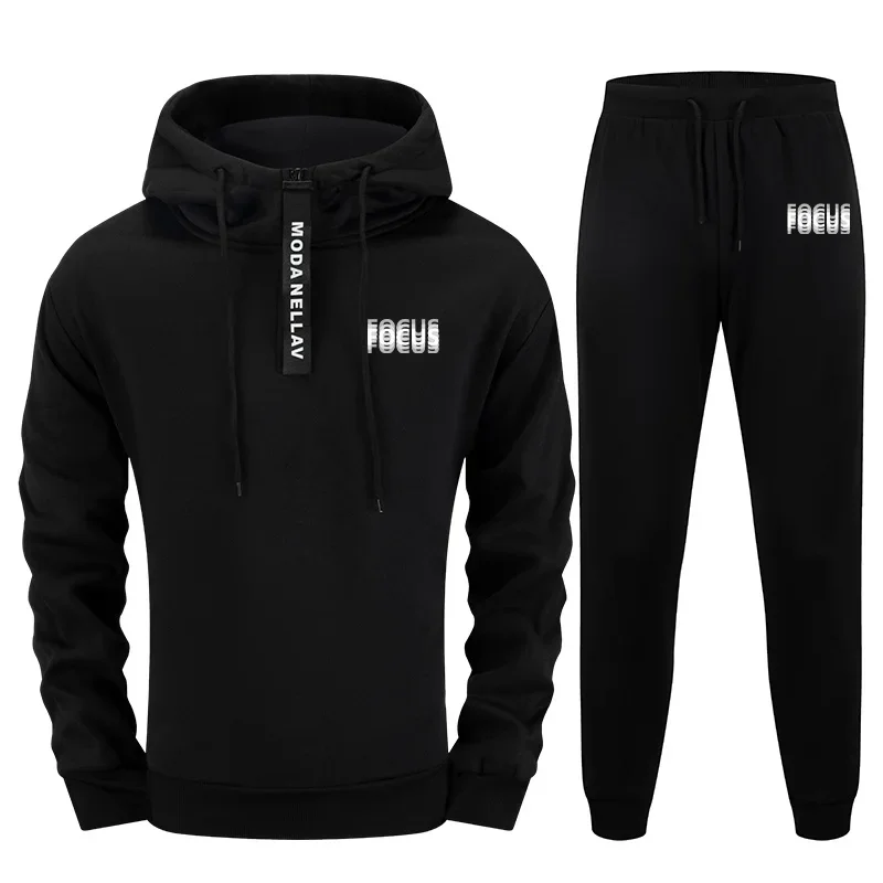 Męski zestaw 2-częściowy na rok 2025: bluza z krótkim zamkiem i spodnie, miejski styl streetwear, dres, strój na jesień i zimę, modne nadruki, odzież sportowa.