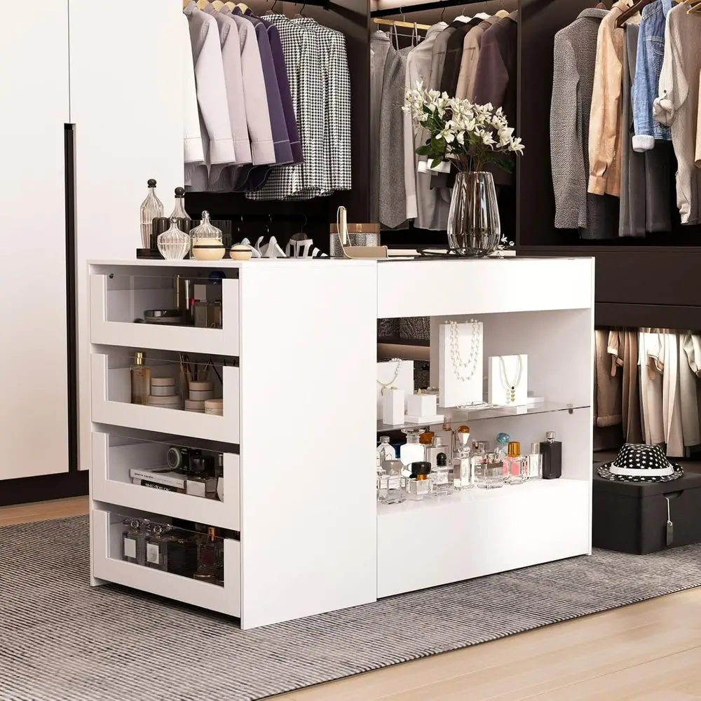 

Makeup Vanity Storage Island with Ders and Shelves, Wardrobe Closet Island with Glass Tabletop, or Dring Room Cloakroom White (4