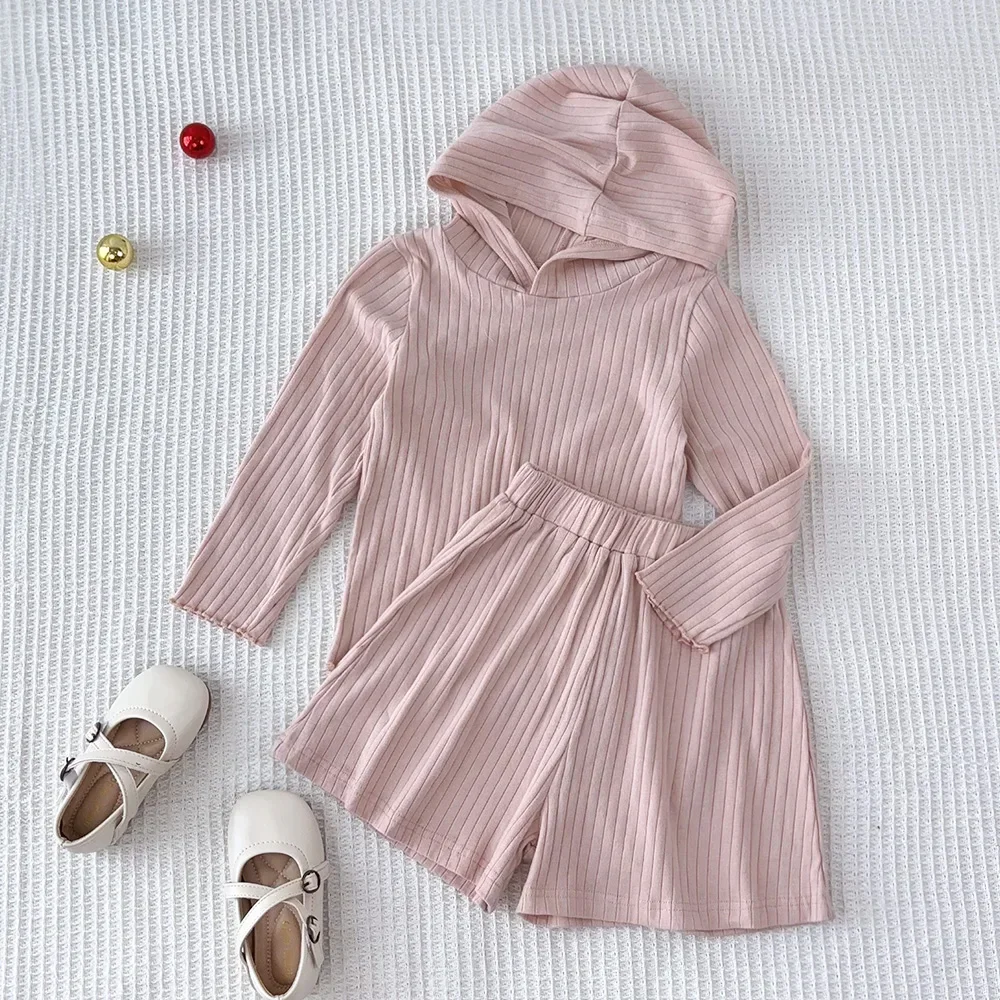 Autumn Promotion Pink Casual Pajama Set Hooded Long Sleeve Pit Strip Hoodie+Shorts Two Piece Set for Girls 3-7