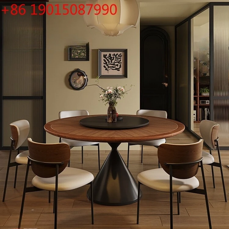 Mesa de comedor de pizarra redonda texturizada de madera maciza, mesa de comedor de alta gama para el hogar, color crema Vintage francés, con plato giratorio