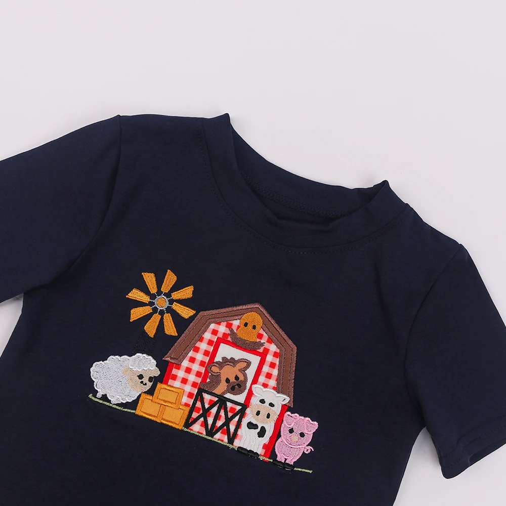 Ropa Baby New Kids Cotton Short Sleeved T-shirt Set Round Neck Farm Animal Embroidery Boy Top Clothes And Red Lattice Short Suit image 4