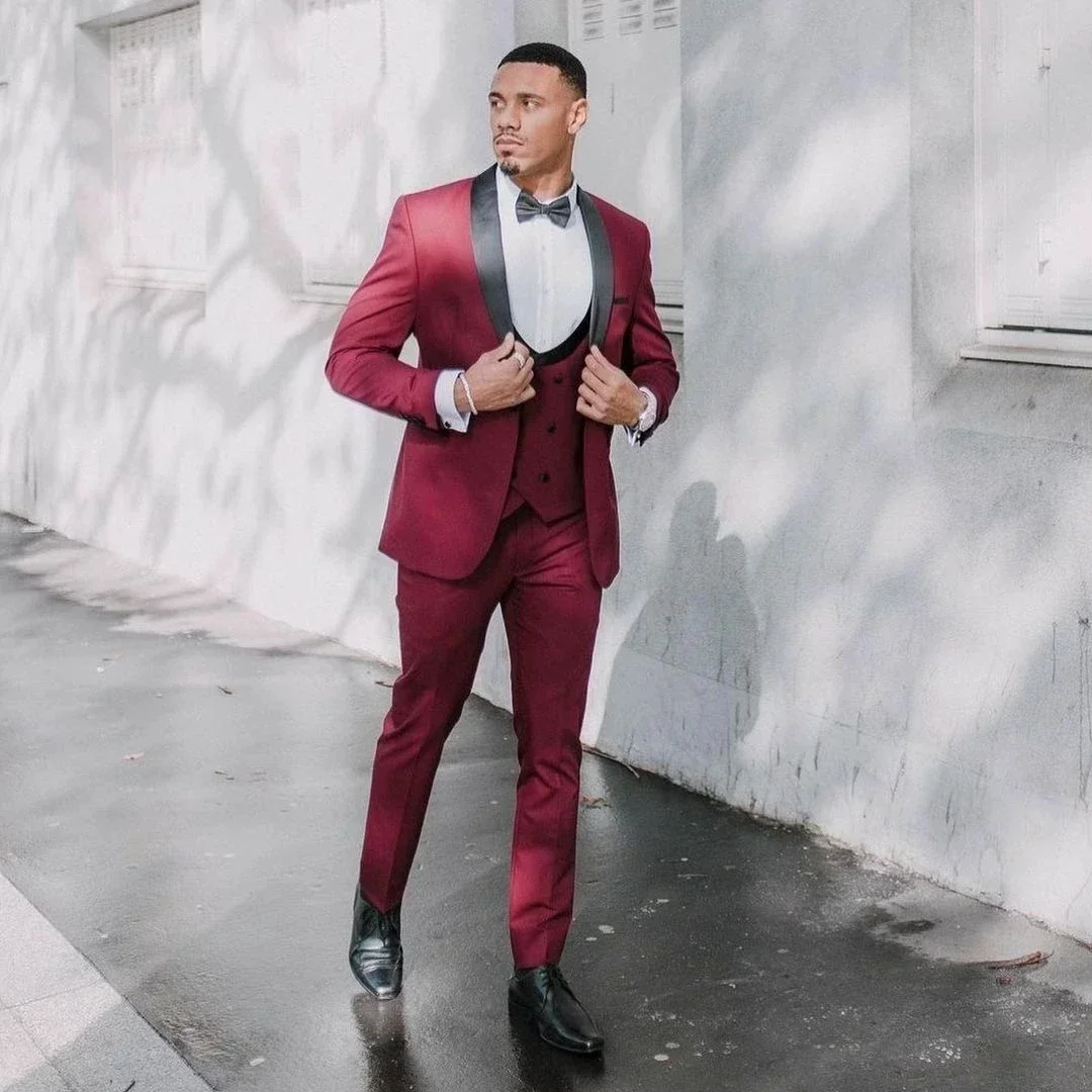 

Elegant Burgundy Formal Wedding Men Suit Groom Tuxedo Prom Slim Fit Blazer Hombre High Quality Custom 3 Piece Set Custom Homme