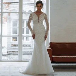 Customized Weilinsha Gorgeous Lace Mermaid Wedding Dresses Ladies Court Train Illusion V-Neck Sequined Appliques Bridal Gowns Fo