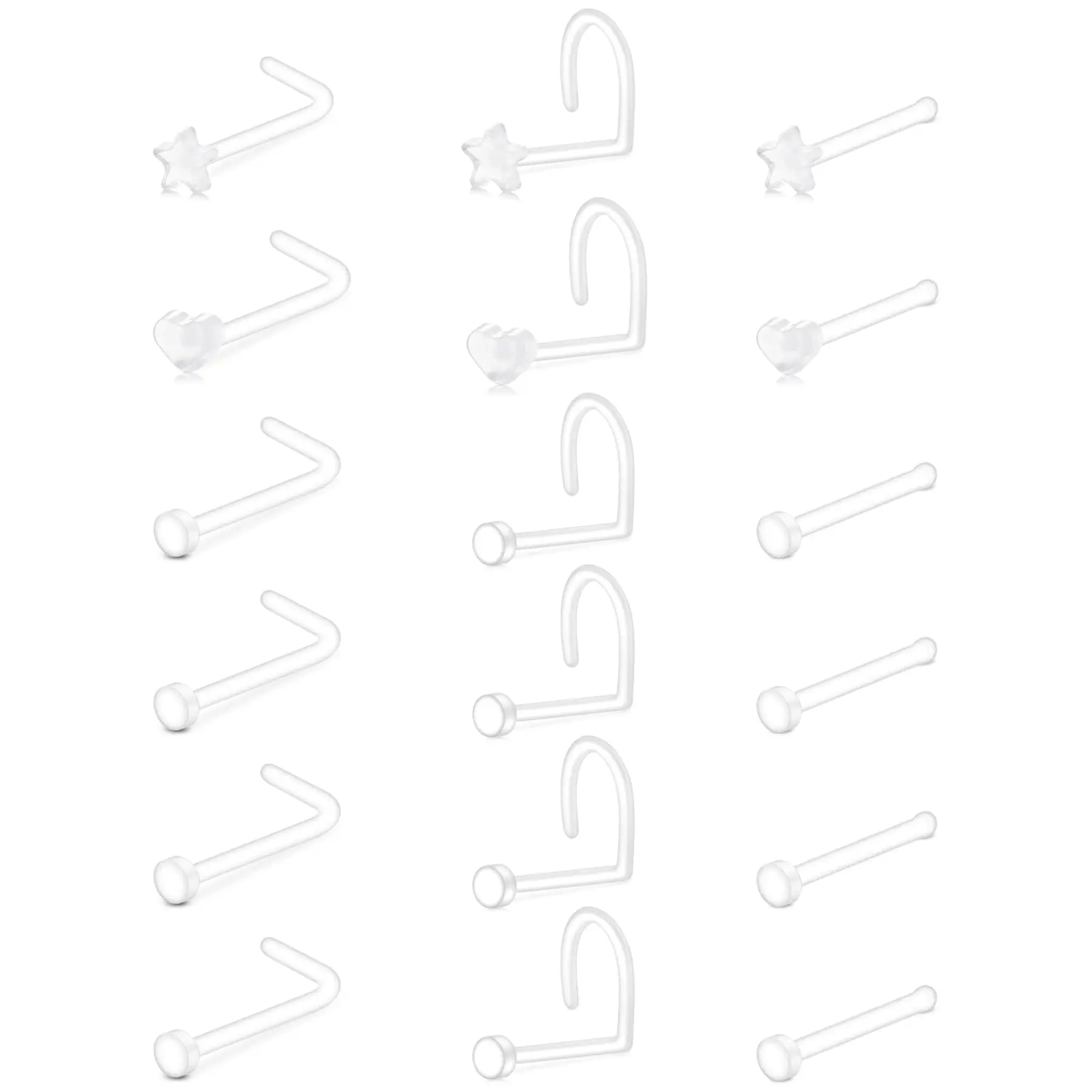 18G 20G Clear Nose Studs for Work Bioflex Plastic Nose Rings for Surgery Nostril Piercing Retainers Star Heart Flat Top 18Pcs