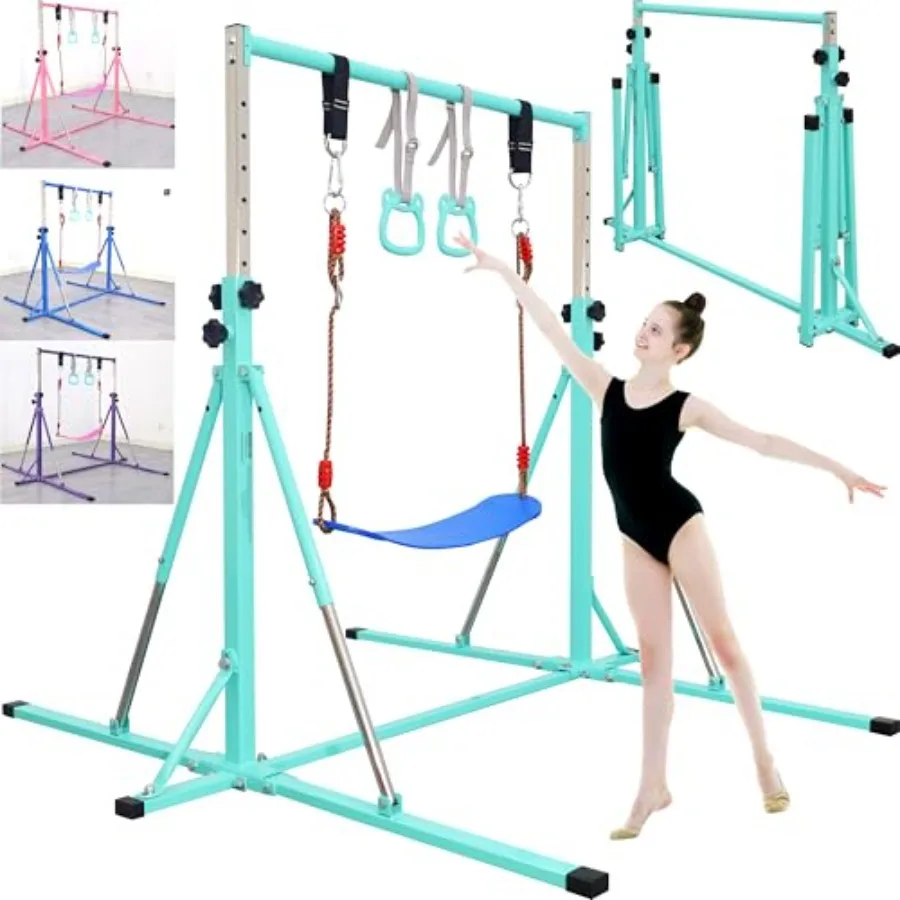 Foldable Gymnastics Bar 5FT for Home Use Steel Frame with Black Finish Triangle Stable Structure Adjustable Height for Ages 3-1