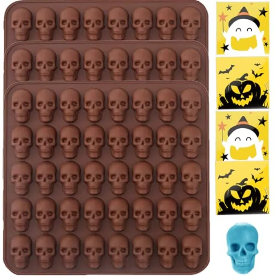 

Mini Skull Silicone Molds for Chocolate with Candy Bags 3 PCS Halloween Chocolate Molds Silicone for Chocolate Gummy Candy Wax