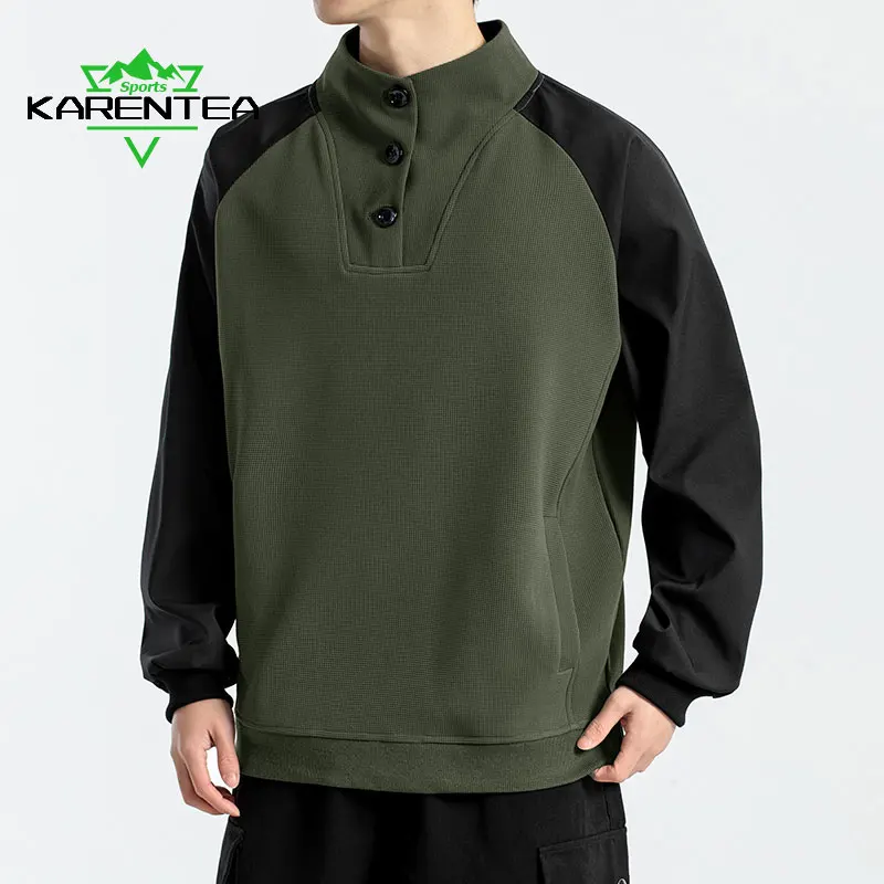 

Karentea Running Spring Autumn Men Hoodies Stand Collar Sportswear Button Loose Sweatshirts Contrasting Colors Casual Male