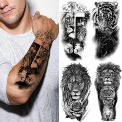 1pc Lion Men Waterproof Temporary Tattoos Fake Stickers Arm Hand Cool Art Black Transfer Clock Tattoo Stickers Wolf Tiger Tattoo