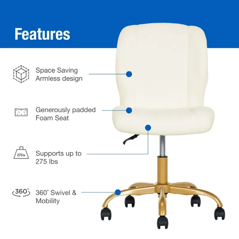 Bouclé Armless Office Chair, Cream,rolling caster wheels and sturdy 24.75 x 21.25 x 32.75