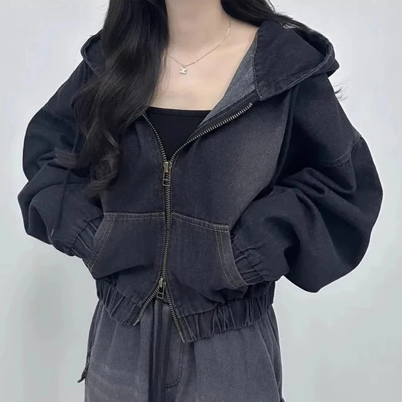 Women Hooded Denim Jacket Cropped Zip Up Coat Drop Shoulder Balloon Sleeves Drawstring Hem Y2K Streetwear Retro Outerwear Top