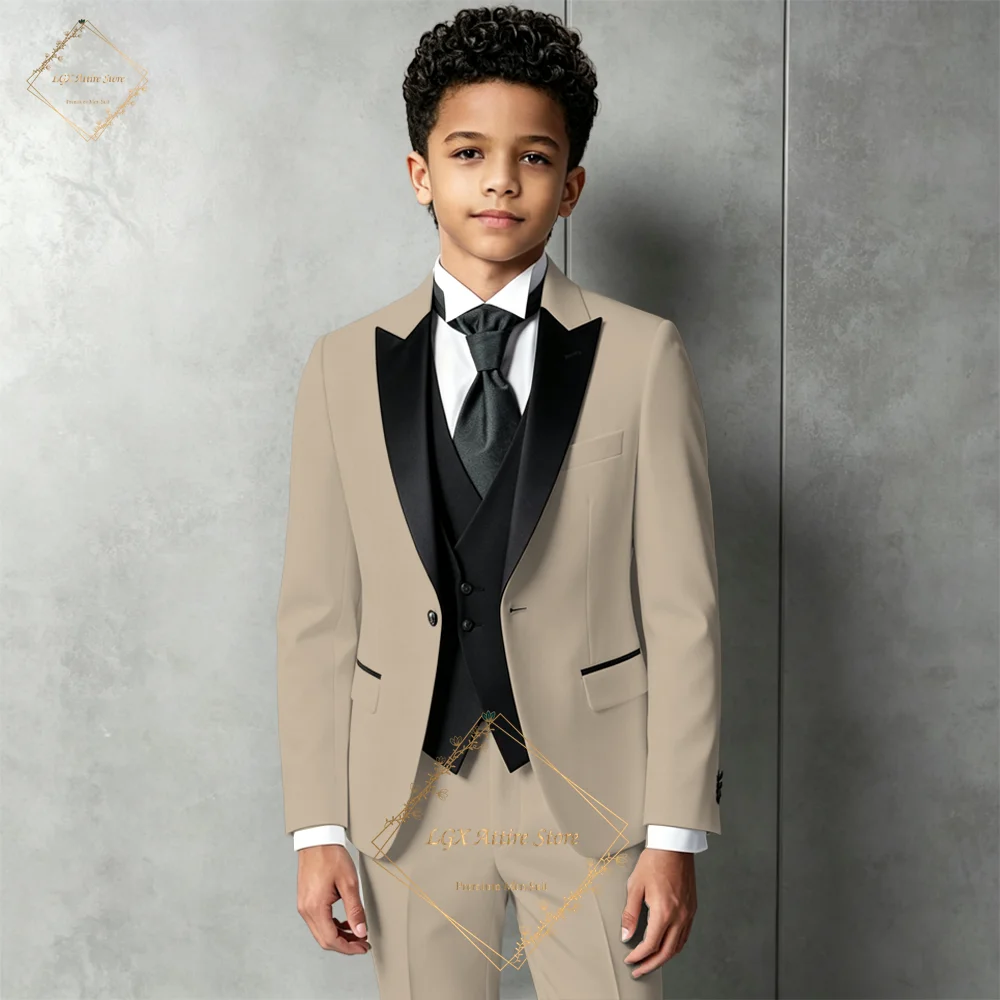 Boys 3 Piece Suit Set Black Contrast Vest Blazer Pants Kids Slim Fit Formal Wedding Party Prom Groomsmen Page Boy Outfit