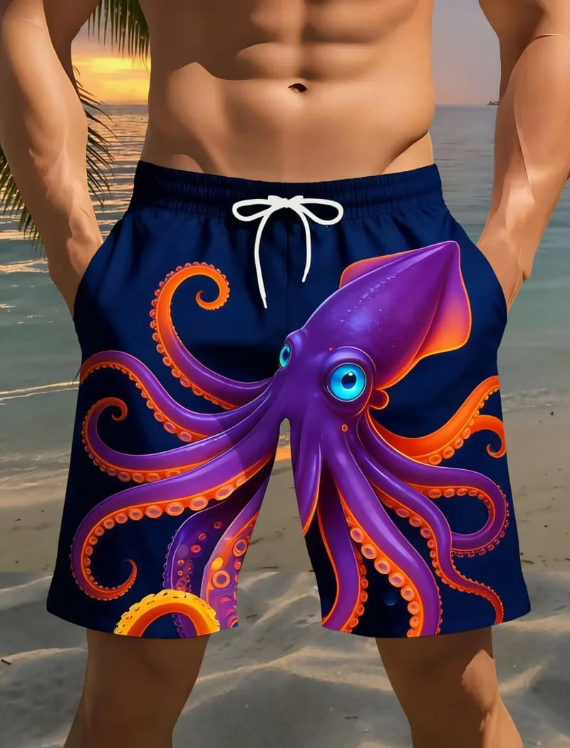 Men's Classic Retro Neon Marine Animal Print Casual Shorts - Glowing Ocean Creature Print Beach Shorts For Summer