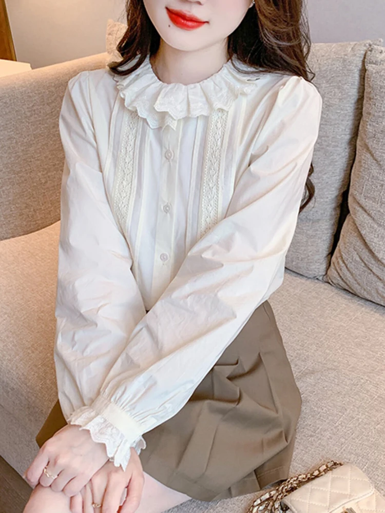 

Женская блузка в французском стиле с воротником-рюшем, бежевая, с длинным рукавом, свободного кроя, визуально стройнящая, на одной пуговице, новинка весна 2026