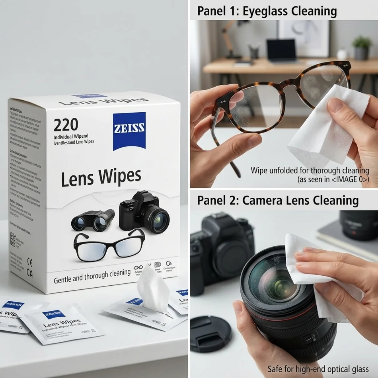ZEISS  Lens Wipes, Pre Moistened Streak-Free Cleaner for Eyeglasses, Camera Lenses & Screens, Individually Wrapped