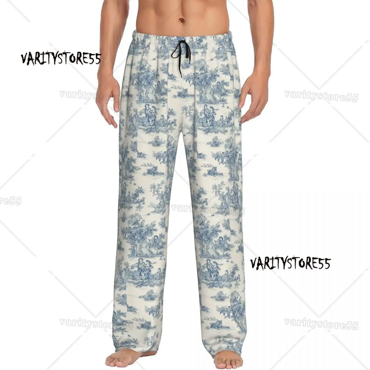 

Пользовательские французские синие пижамные штаны Toile De Jouy для мужчин, мотив для отдыха, одежда для сна на шнурке, низ с карманами