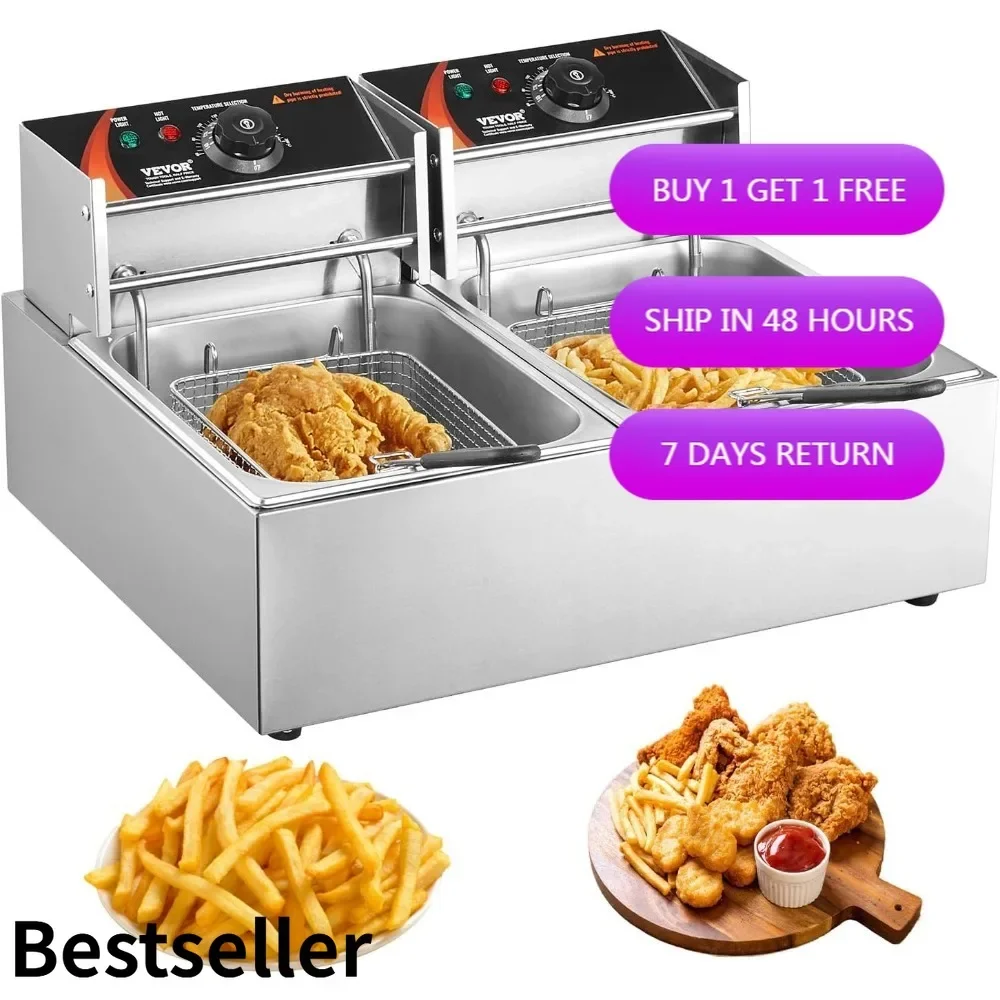 

Dual Tank Electric Deep Fryer, 3000W Countertop Model with 2 x 9.1Qt Stainless Steel Oil Tanks and Basket