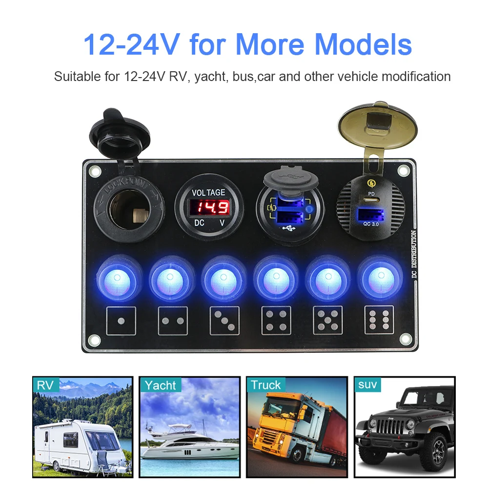 LED Voltage Display Car Switch Panel 6 Gang QC3.0 Quick Charge Car Accessories 12/24V PD USB