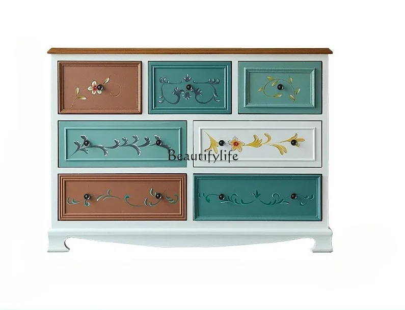 

LJYCountryHand-Painted 7-Drawer Cabinet Bedroom Multi-Functional Retro Storage Storage TV Cabinet Sitting Room Cabinet