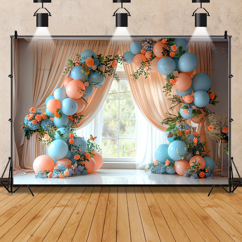 Baby\'s 1 Birthday Background Photography Window Screen Balloon flower vine smash Party Baby Shower Custom Backdrop Photo Studio