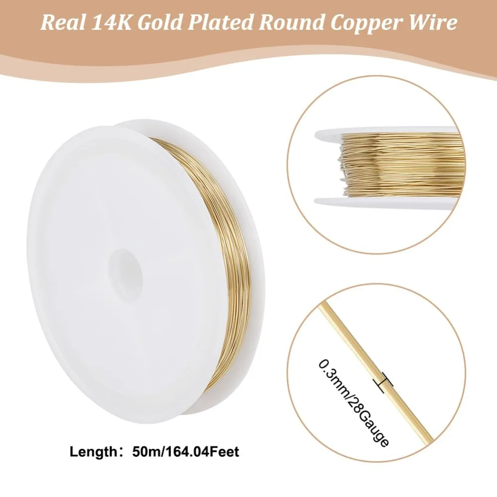 28 Gauge Bead String Wire 54.6 Yards/50M 14K Gold Plated Copper Craft Wire Round Polished Tarnish Resistant Bendable making kit