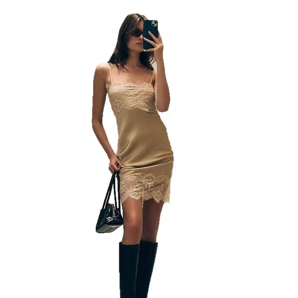 Gonna a Vita Media A-Line Sexy e Piccante in Pizzo e Raso Tinta Unita, Nuova Collezione Estiva Cross-Border