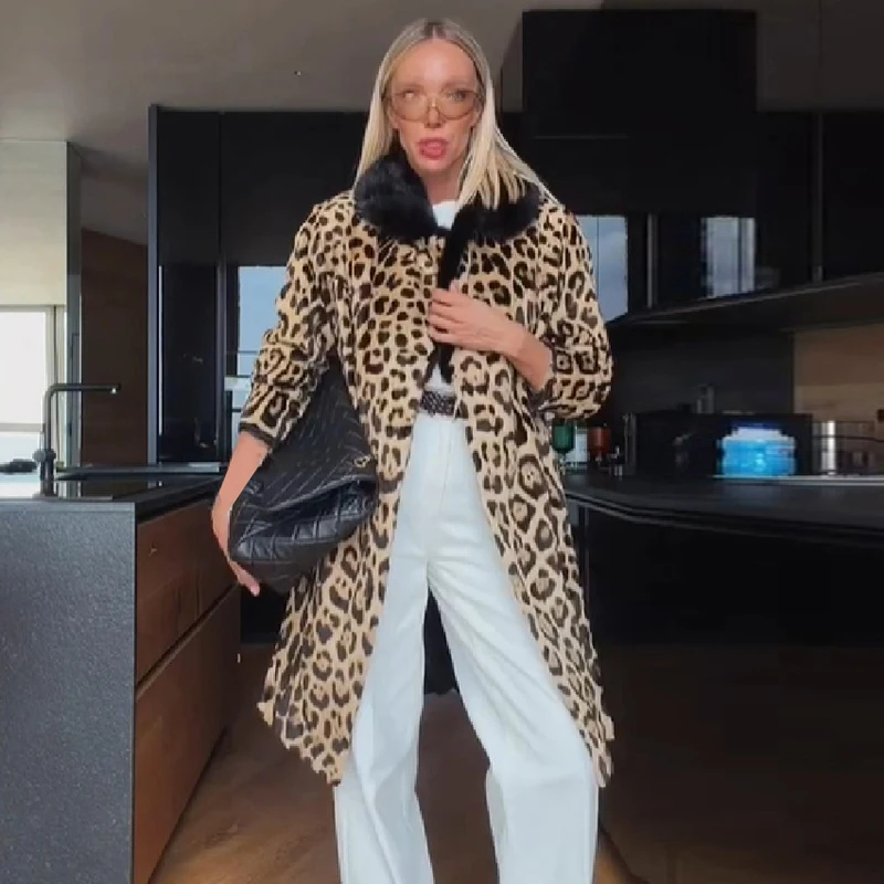 Women Chic Leopard Print Mid Long Coat Black Furry Collar Open Front Loose Lady Stylish Oversized Warm Daily Street Outerwear