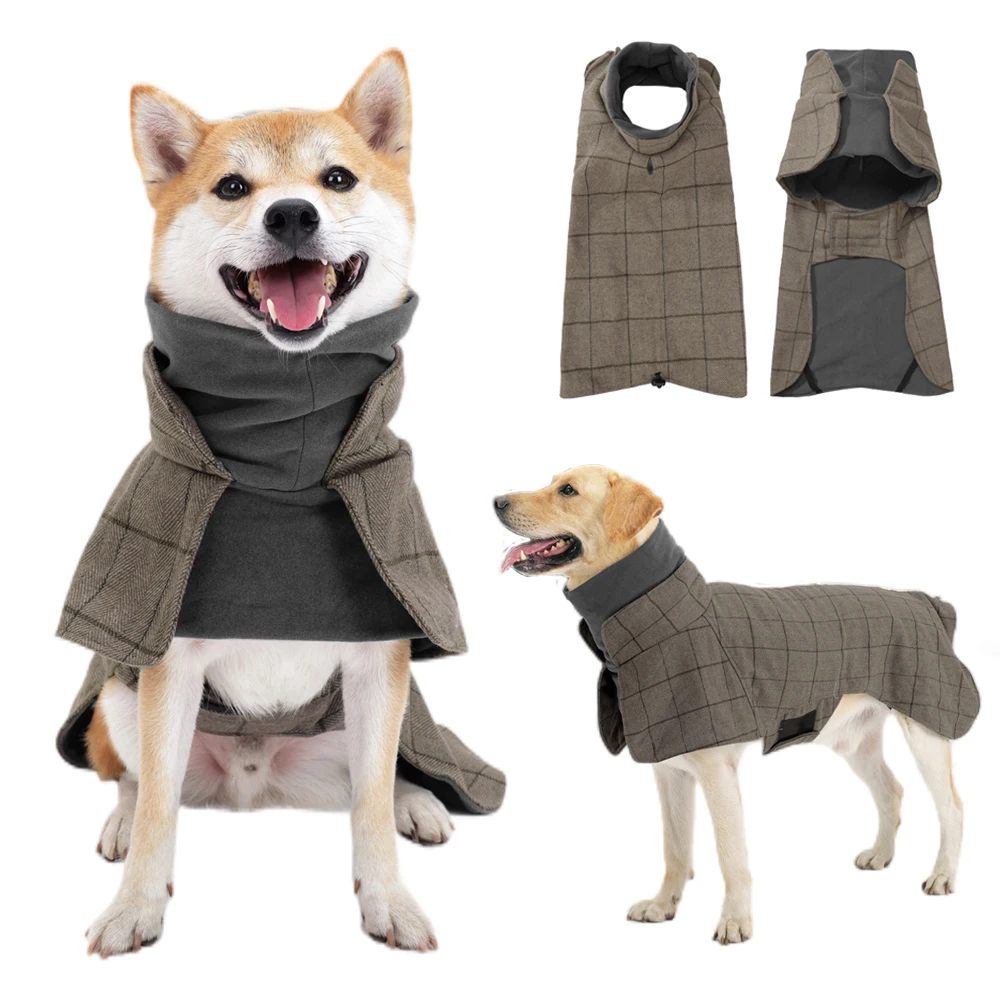 Windproof Plaid Dog Jacket for Male Dogs British Style Autumn Winter Warm Dog Coat Fleece-Lined Adjustable Holiday Formal Dress