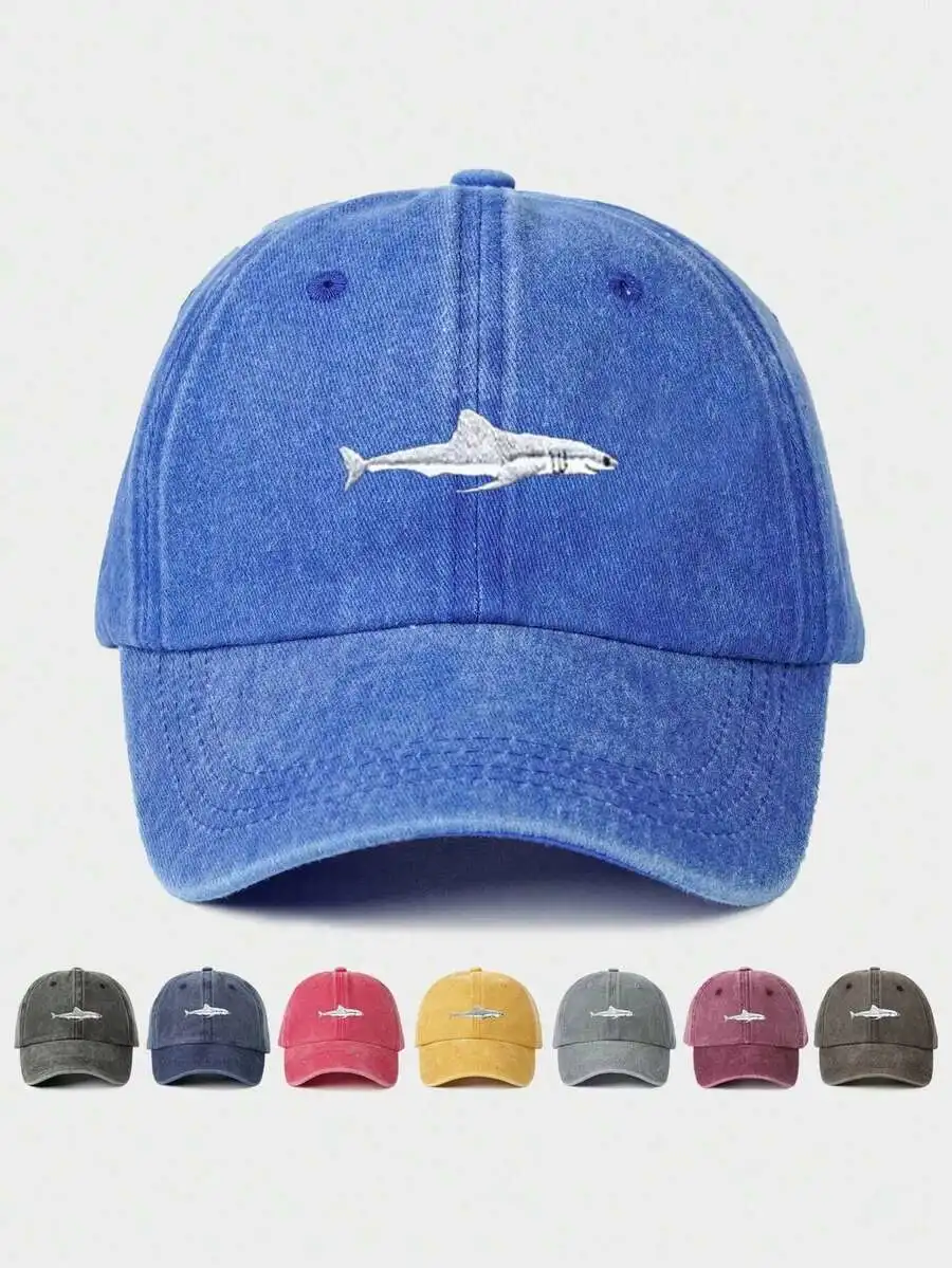 

Shark Embroidered Washed Denim Baseball Cap Adjustable Casual Dad Hat For Adults