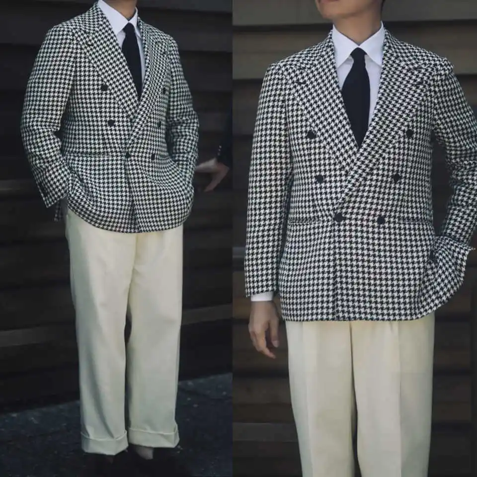 

Houndstooth Men's Wedding Blazer Peaked Lapel Jacket Double Breasted Tuxedos Business Party Slim Fit Groom Wear Only Coat
