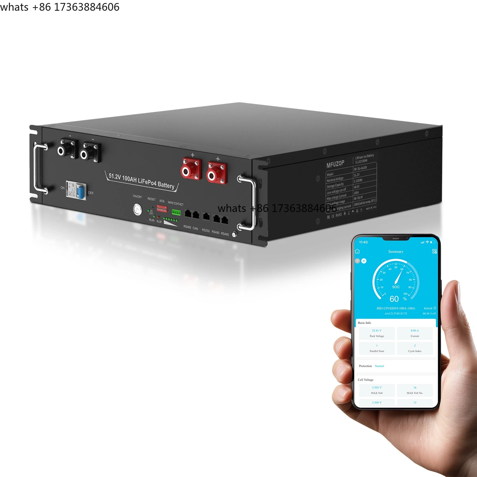 

EU 48V 100AH 3U Rack-Mount Lithium LiFePO4 Battery, Built-in 100A BMS, with Mobile APP, BMS, 8000+ Cycles