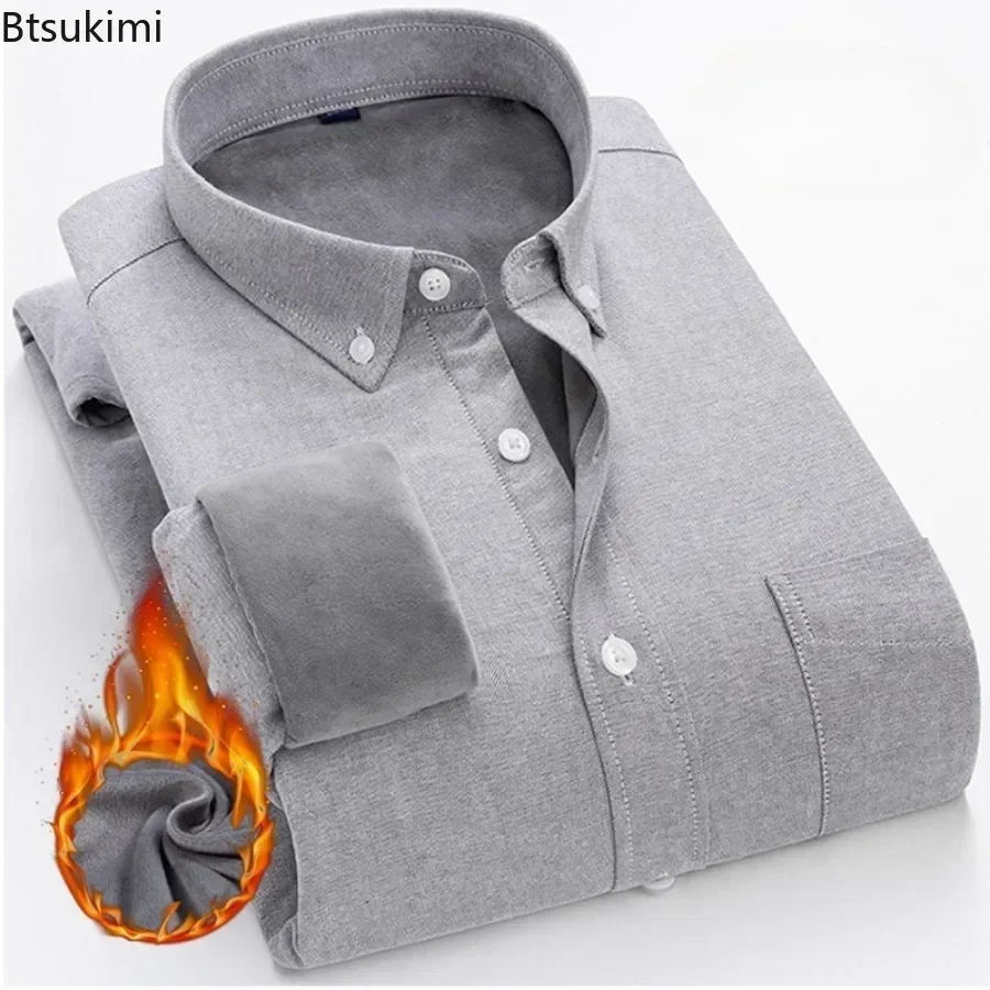 2025 New 100% Cotton Warm Shirts Men Oxford Simple Shirts Daily Casual Business Wear Tops Long Sleeve Fleece Solid Shirt for Men
