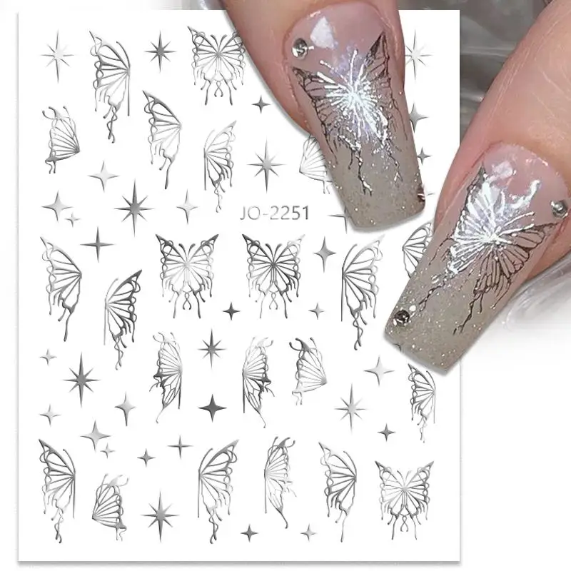 Silver Black White Butterflies 3D Nail Sticker Metal Butterfly Star Crucifixion Adhesive Slider Wraps Manicure Gel Polish Decals