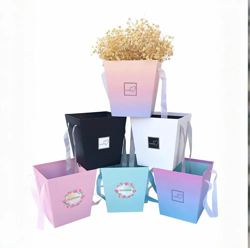 17X13x18cm Gift box Trapezoidal Flower Box ,party present packign Basket with Handle for Wedding Birthday  6 colors choose