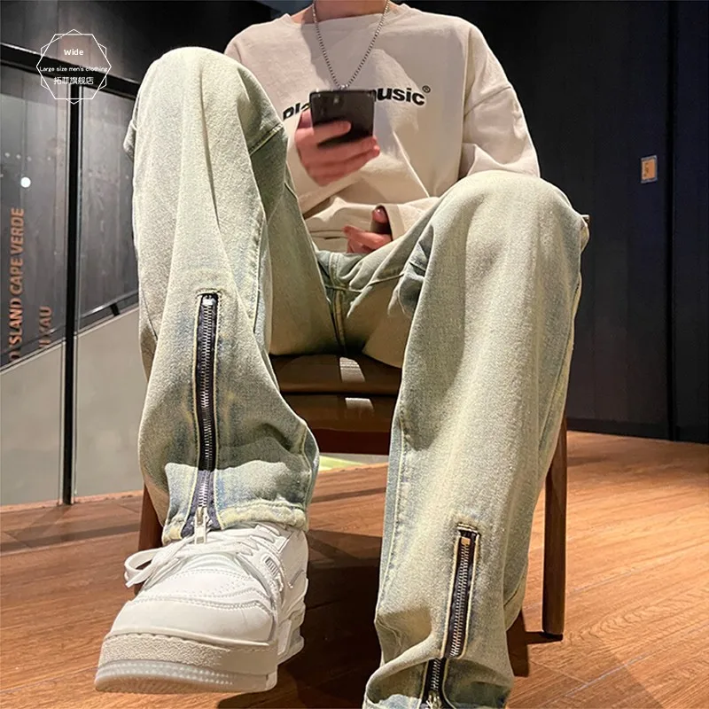 

Retro Mud Color Men's Jeans Spring Design Double Zipper Slit Casual Slim Straight Leggings Fashionable Youth Trend