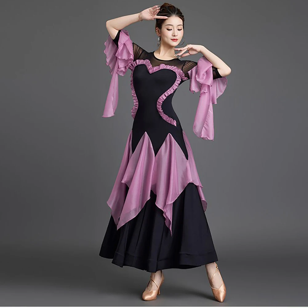

Ballroom Dance Purple Waltz Dress Horn Sleeve Practice Costume Red Round Neck Women Green Ballroom Dance Ruffled Dress