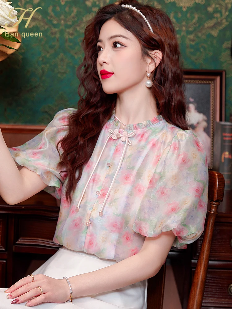 H Han Queen New Summer Prints Short Sleeve Women Shirts And Blouses Vintage Work Casual Top Chiffon Simple Loose Elegant Blouse