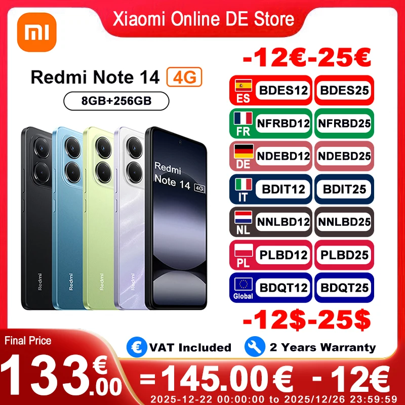 Xiaomi Redmi Note 14 4G Version Europ�enne 128GB/256GB MTk Helie G99-Ultra AMOLED �cran 6,67