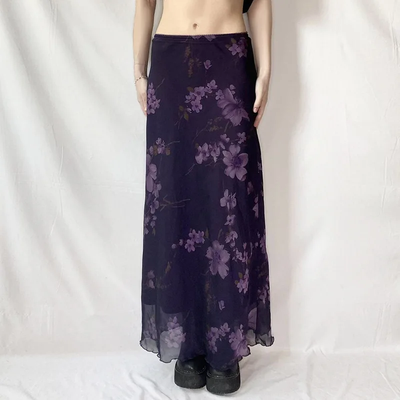 

"Zeyla 2025 Violet Sheer Skirt Women's Low Waist A-Line Maxi Floral Print Elegant Slip-Proof Dress"
