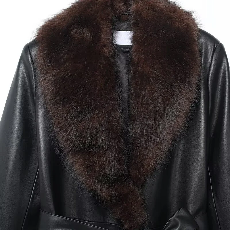 Jenny & dave inverno francês minimalista gola de pele do falso retalhos casaco de couro blusão trench coat jaqueta feminina roupas