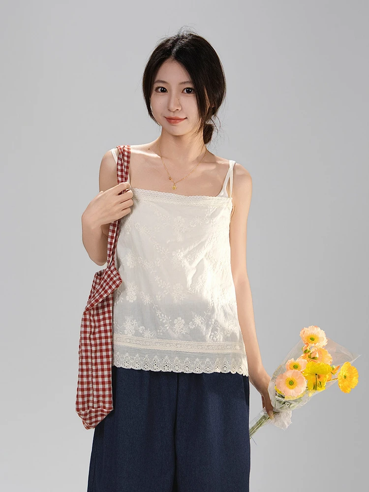 

Sweet Heavy Embroidery Lace Small Strap Women's Cotton Vest Top Artisanal Style Inner Wear Light Weight Casual Leisure