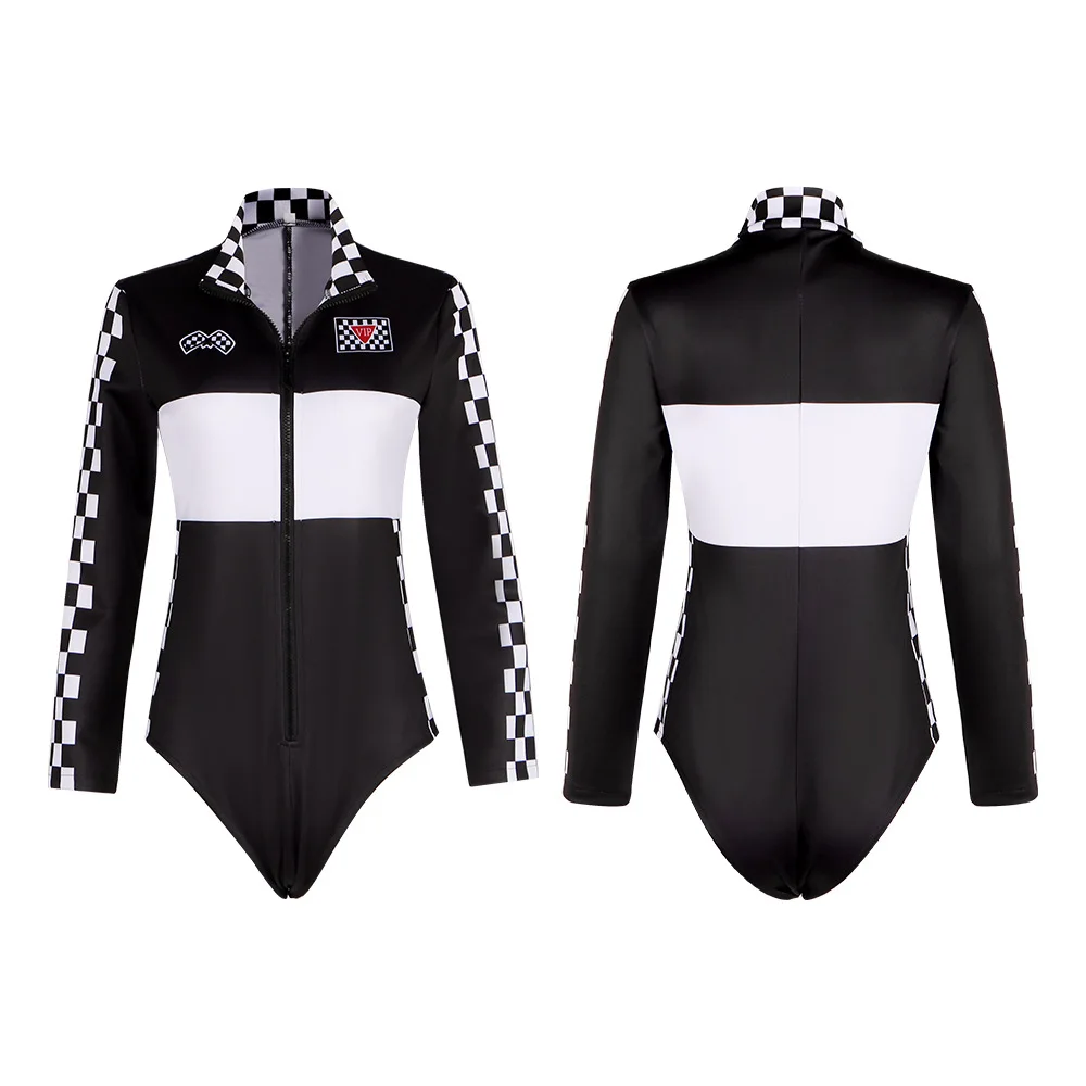 Women Race Car Driver Romper Bodysuit Halloween Cosplay Costumes Theme Checkerboard Print Long Sleeve Boyshorts Racer Jumpsuit ﻿