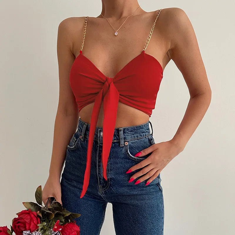 

Metal Shoulder Strap V Neck Cut Out Tank Top Halter Crop Tops Women Bare Midriff Backless Camisole Female Cropped Vest